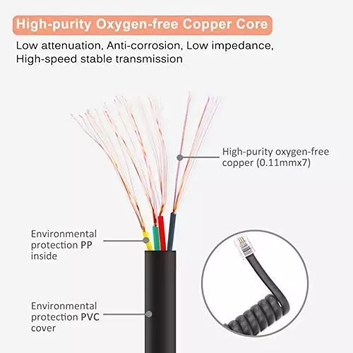 FEDUS 4P4C Spring Telephone Handset Cable Black 1 m (Pack of 5 Pcs)