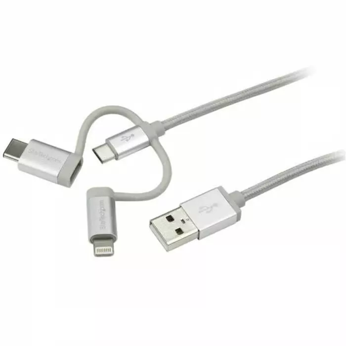StarTech.com Male USB A to Male Lightning, Micro USB B & USB C Cable 480 Mbps USB 2.0 1 m, LTCUB1MGR