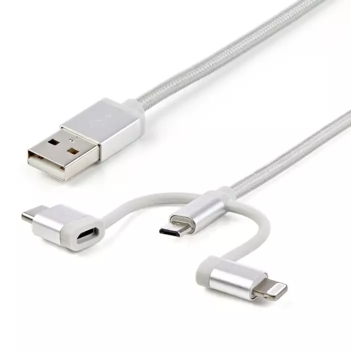 StarTech.com Male USB A to Male Lightning, Micro USB B & USB C Cable 480 Mbps USB 2.0 1 m, LTCUB1MGR