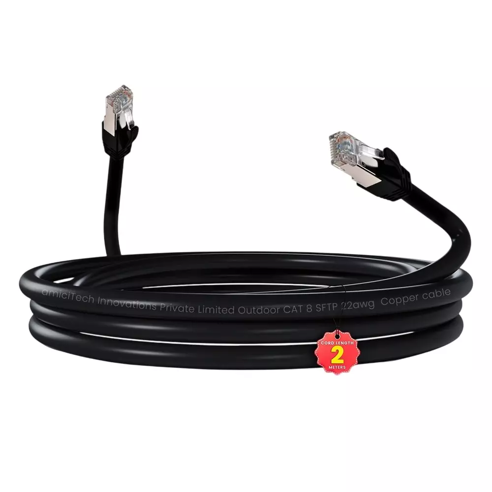 amiciTools Cat 8 Ethernet Cable 2 m, 22 AWG Solid Core 40 Gbps High-Speed LAN with 2000 MHz Bandwidth & Gold-Plated RJ45