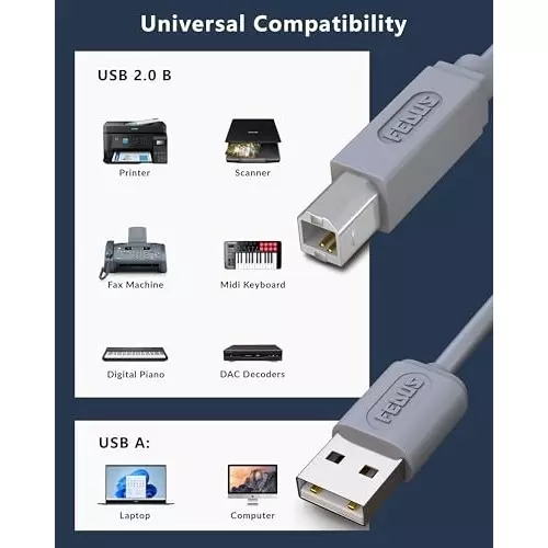 FEDUS USB 2.0 High Speed Printer Cable Scanner Cable A Male to B Male ‎Gray 1.5 m