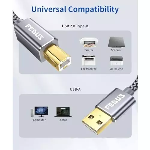 FEDUS USB A to Male To USB B 2.0 Cable ‎Gray Gold Plated 20 m