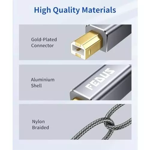 FEDUS USB A to Male To USB B 2.0 Cable ‎Gray Gold Plated 20 m