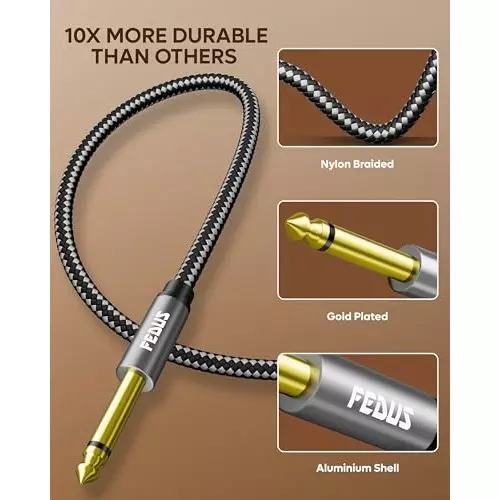 FEDUS Mono to Mono L-Shape Guitar Jack Cable Grey 1.5 m for Mixer, Microphone, Amplifier, Stereo Speaker