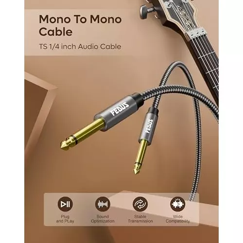 FEDUS Mono to Mono L-Shape Guitar Jack Cable Grey 1.5 m for Mixer, Microphone, Amplifier, Stereo Speaker