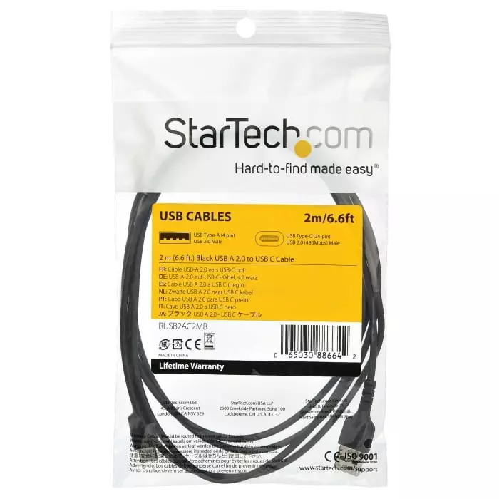 StarTech.com Male USB A to Male USB C Cable 480 Mbps USB 2.0 2m, RUSB2AC2MB
