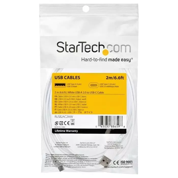StarTech.com Male USB A to Male USB C Cable 480 Mbps USB 2.0 2m, RUSB2AC2MW