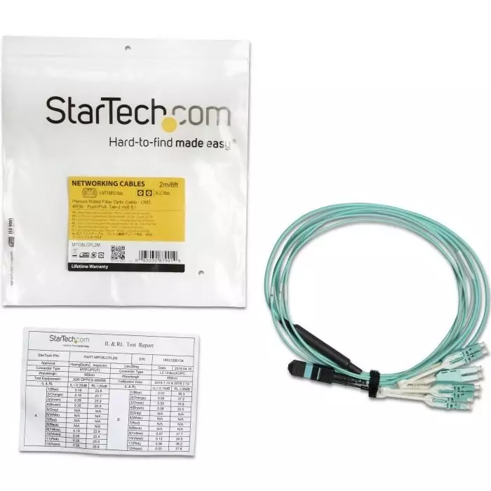 StarTech.com MPO to LC Duplex Multi Mode OM3 Fibre Optic Cable 50/125 µm Aqua 2m, MPO8LCPL2M