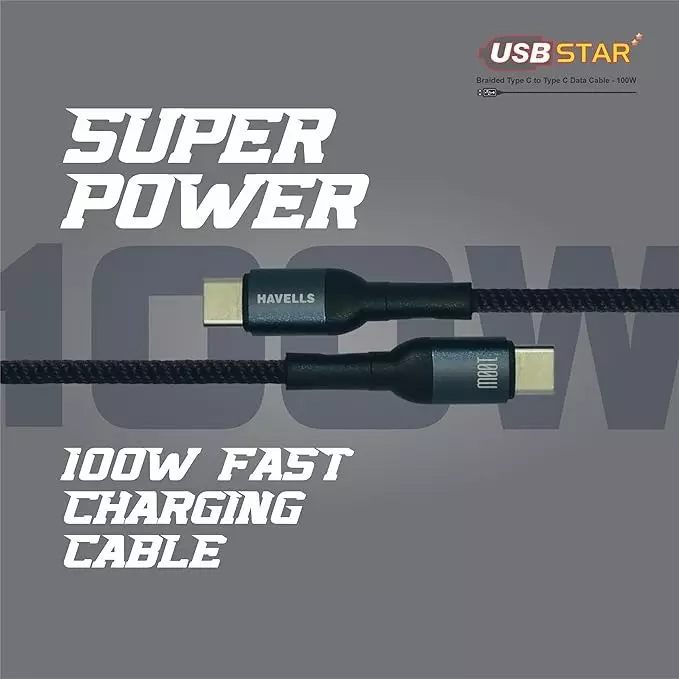 Havells 1 m USB Star Data Cable Type C to Type C Braided Design, 5 A, 100 W, AHNREHB001