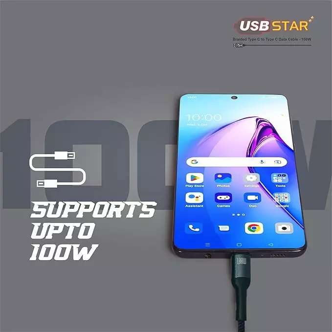 Havells 1 m USB Star Data Cable Type C to Type C Braided Design, 5 A, 100 W, AHNREHB001