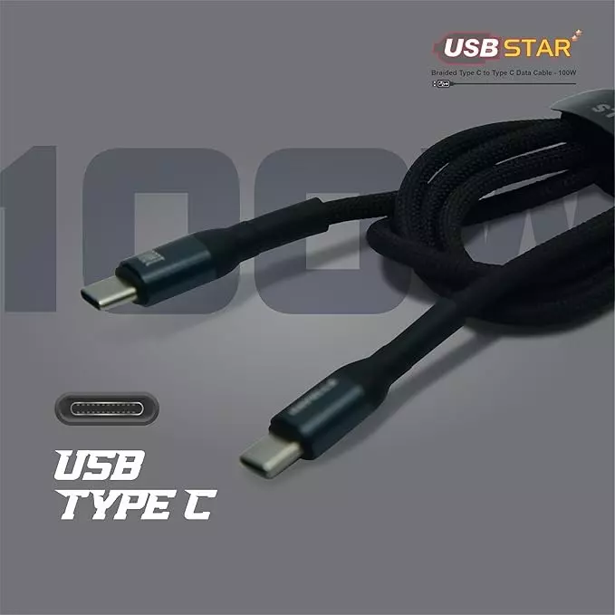 Havells 1 m USB Star Data Cable Type C to Type C Braided Design, 5 A, 100 W, AHNREHB001
