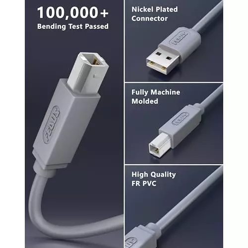 FEDUS USB 2.0 High Speed Printer Cable Scanner Cable A Male to B Male ‎Gray 3 m