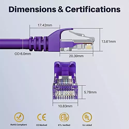 FEDUS Cat6A Twisted 4 Pair Patch Ethernet Cable ‎Purple 5 m