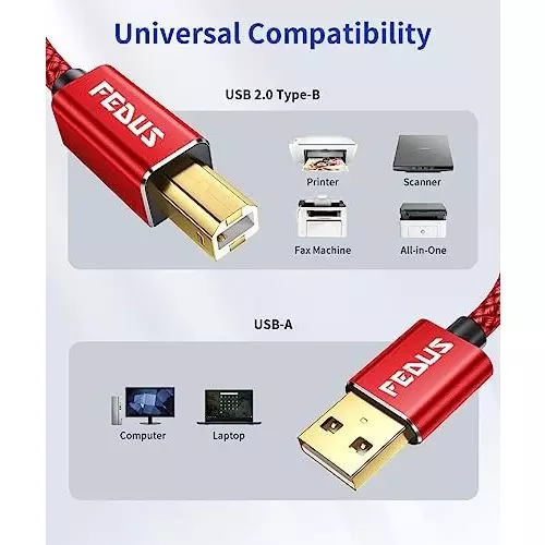 FEDUS USB A to Male To USB B 2.0 Cable ‎Red Gold Plated 3 m