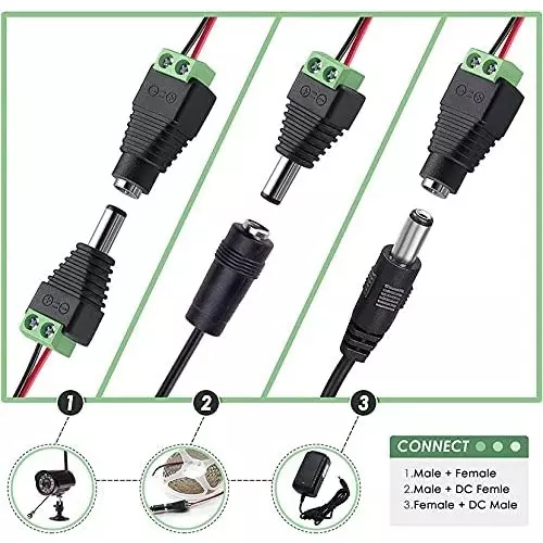 FEDUS DC Power Jack Plug Adapter Connector 12 V 24 V Male Female for CCTV Camera/Led Strip Light (Pack of 10 Pairs)