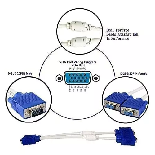 LOTA VGA Splitter Cable 1 Male to 2 Female 15-Pin Dual Display Support White & Blue, MST-1495-LT