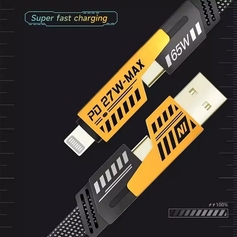 LOTA 4-in-1 Universal Multi Charging Cable Super Fast 65 W Durable & Tangle-Free, Yellow & Black