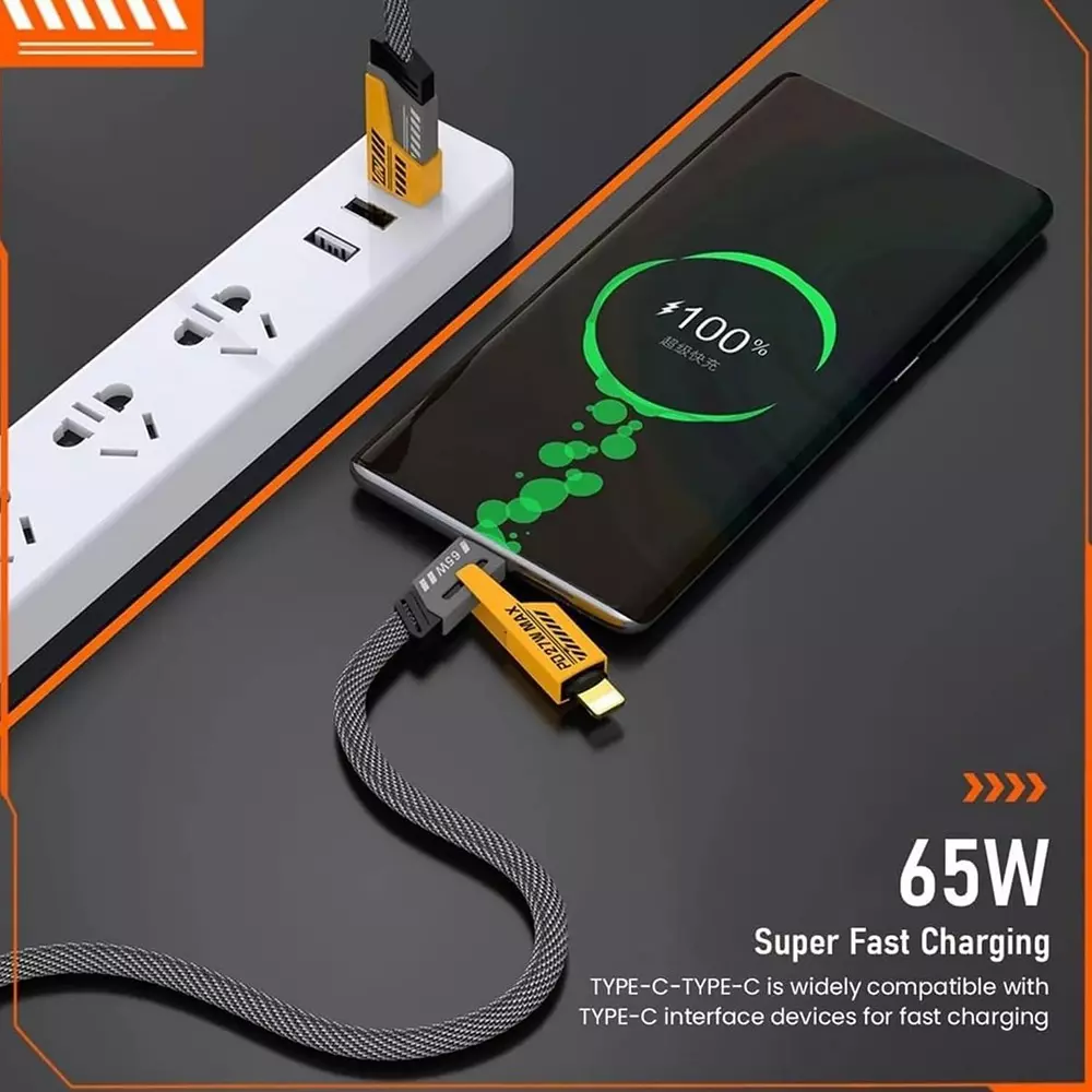 LOTA 4-in-1 Universal Multi Charging Cable Super Fast 65 W Durable & Tangle-Free, Yellow & Black