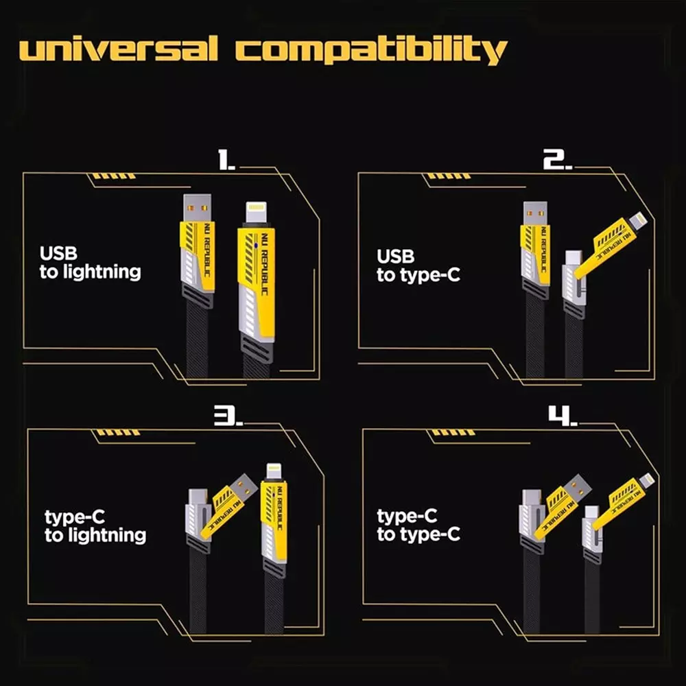 LOTA 4-in-1 Universal Multi Charging Cable Super Fast 65 W Durable & Tangle-Free, Yellow & Black