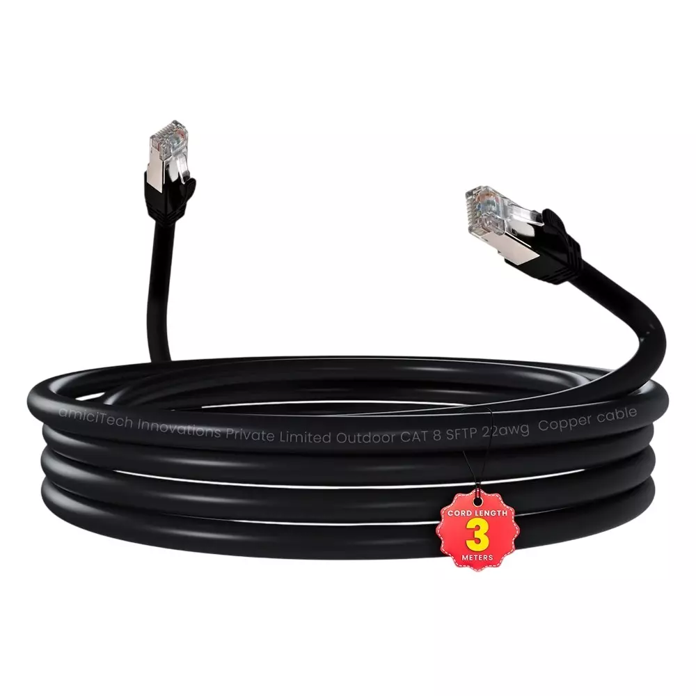 amiciTools Cat 8 Ethernet Cable 3 m, 22 AWG Solid Core 40 Gbps High-Speed LAN with 2000 MHz Bandwidth & Gold-Plated RJ45