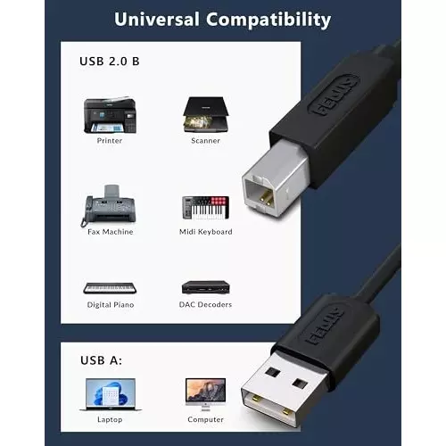 FEDUS USB A Male To USB B 2.0 Male Cord Cable ‎Black 5 m