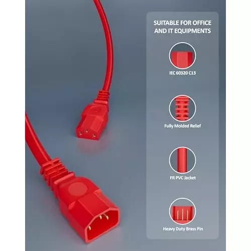 FEDUS Male to Female Power Extension Cord Cable 10 Amp 18 AWG 3 m Red