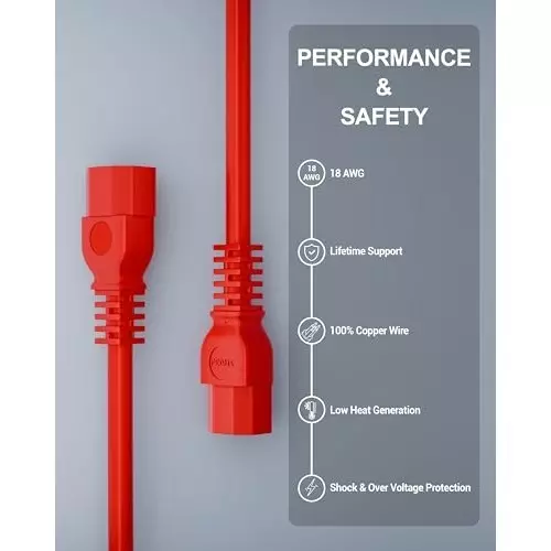 FEDUS Male to Female Power Extension Cord Cable 10 Amp 18 AWG 3 m Red