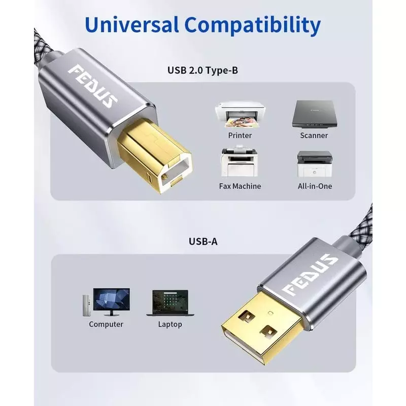 FEDUS USB A to Male To USB B 2.0 Cable ‎Gray Gold Plated 15 m