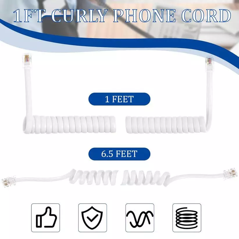FEDUS 4P4C Spring Telephone Handset Cable White 2 m (Pack of 3 Pcs)