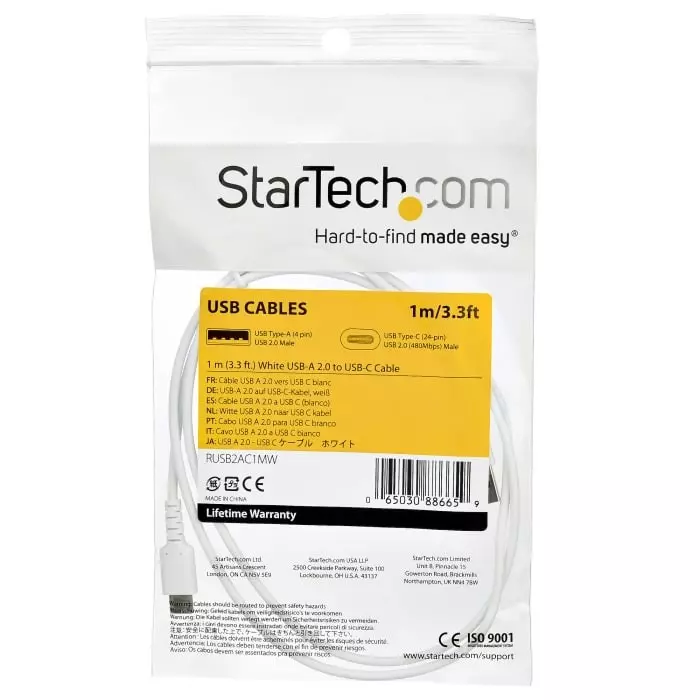 StarTech.com Male USB A to Male USB C Cable 480 Mbps USB 2.0 1m, RUSB2AC1MW