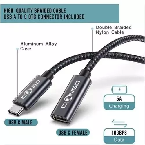 Mak World Type C Extension Cable with 100W Fast Charging, 10 GBPS Speed, 4K @ 60 Hz HD Video Output - 1.8 m