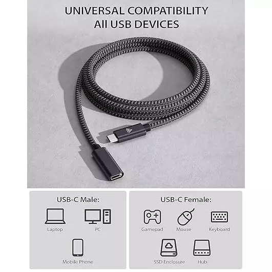 Mak World Type C Extension Cable with 100W Fast Charging, 10 GBPS Speed, 4K @ 60 Hz HD Video Output - 1.8 m