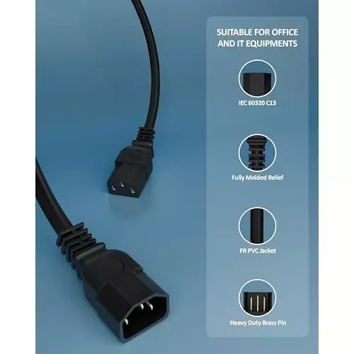 FEDUS Male to Female Power Extension Cord Cable 10 Amp 18 AWG 1.8 m Black