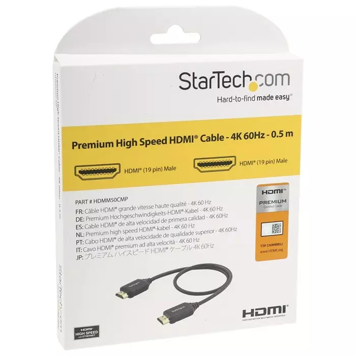 StarTech.com Male HDMI to Male HDMI Cable Premium High Speed 4K @ 60Hz 0.5 m, HDMM50CMP