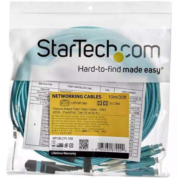 StarTech.com MPO to LC Multi Mode OM3 Fibre Optic Cable 50/125 µm Aqua 10m, MPO8LCPL10M