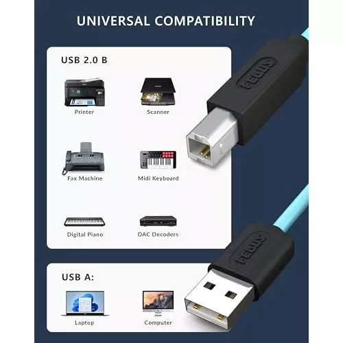 FEDUS USB A Male To USB B 2.0 Male Cord Cable Cyan and Black 3 m