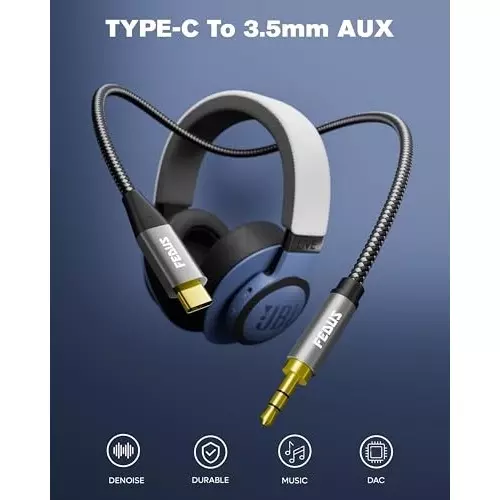 FEDUS USB Type C to 3.5 mm Male Aux Audio Dongle Cable Grey 3 m