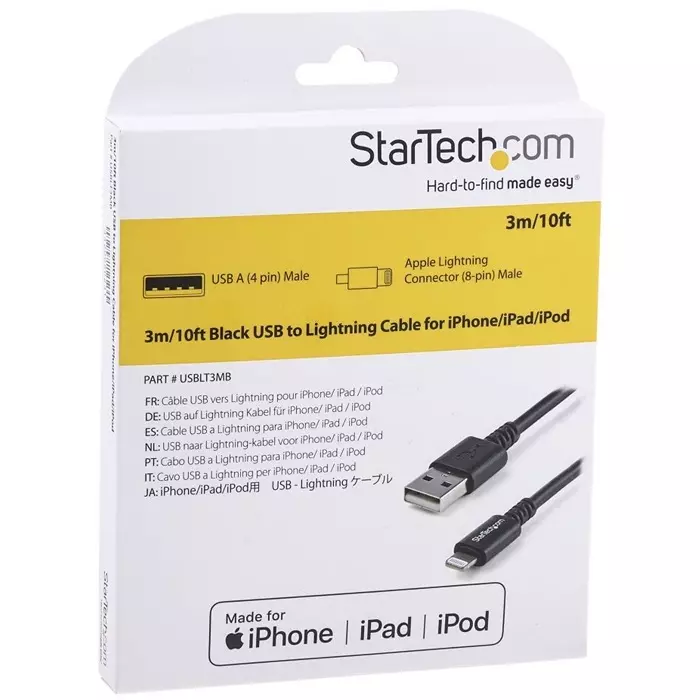 StarTech.com Male USB A to Male Lightning Cable 480 Mbps USB 2.0 3 m, USBLT3MB