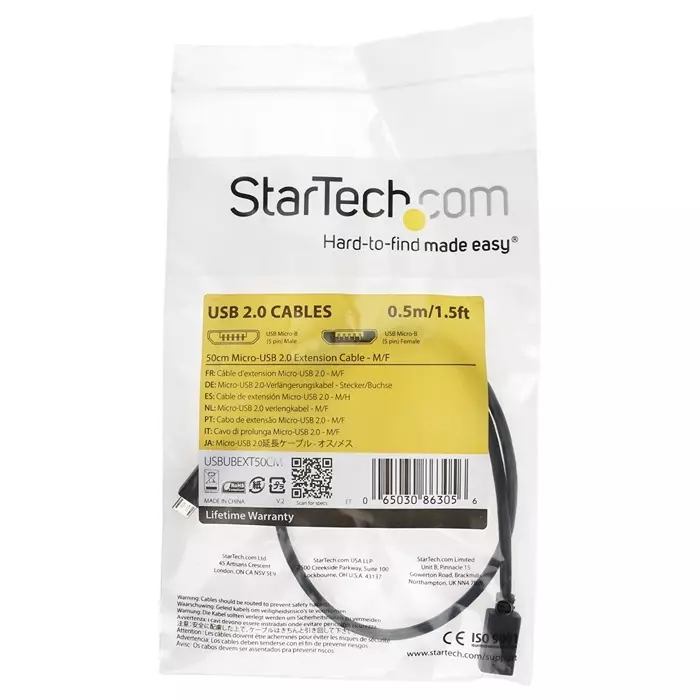 StarTech.com Male Micro USB B to Female Micro USB B Cable 480 Mbps USB 2.0 500mm, USBUBEXT50CM