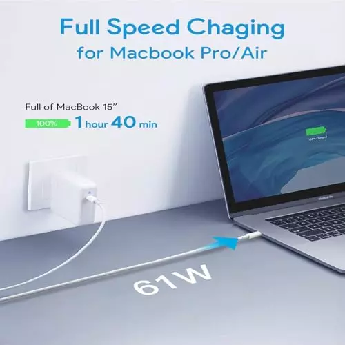 PremiumAV 60 W USB-C Power Adapter Charger with (6.5 ft) 2 m Type-C to C Cable for MacBook Pro 13/14 Inch, MacBook Air, iPad Pro & USB-C Laptops