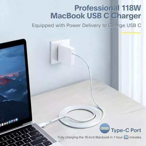 PremiumAV 60 W USB-C Power Adapter Charger with (6.5 ft) 2 m Type-C to C Cable for MacBook Pro 13/14 Inch, MacBook Air, iPad Pro & USB-C Laptops