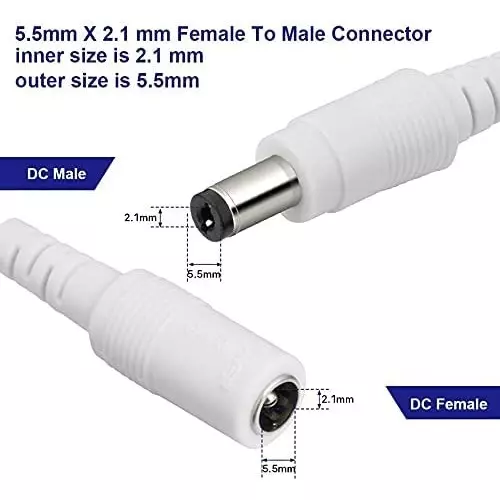 FEDUS Male & Female DC Power Barrel Jack Plug Connector ‎5 Amp White 2.1 mm / 5.5 mm (Pack of 50 Pairs)