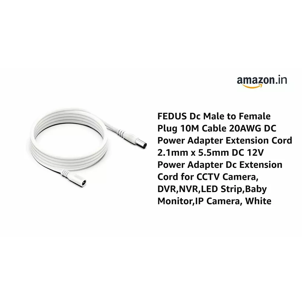 FEDUS Male to Female DC Plug 2.1x5.5 mm 12 V for CCTV, DVR, NVR, LED Strip, Baby Monitor, IP Camera