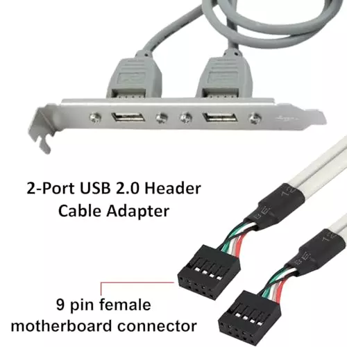 PremiumAV 2-Port USB 2.0 Header Cable Adapter Female Screw Mount to 9-Pin Motherboard Header for Desktop PC