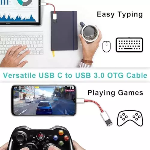 PremiumAV USB 3.0 to Type-C OTG Adapter Cable Male to Female Connector for Smartphones, Tablets, Laptops & USB-C Devices White & Red