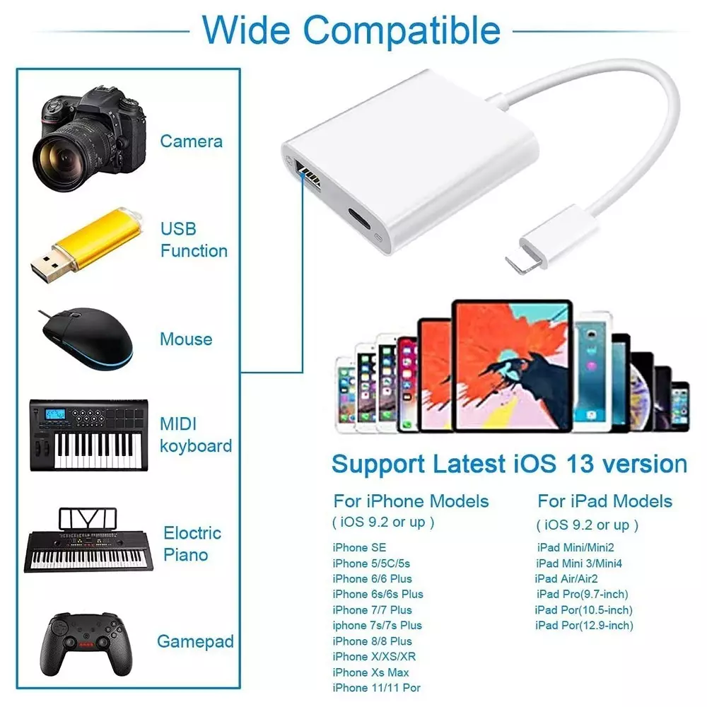 LOTA Lightning to USB Camera Adapter White Male to Female 1080p Full HD Supports Plug & Play, MST-3131-LT