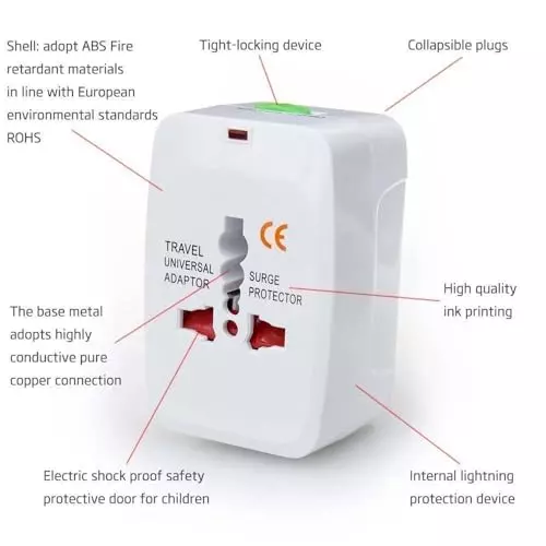 PremiumAV Universal Travel Adapter Plug All-in-One with Surge Protection for Phone, Laptop, Tablet