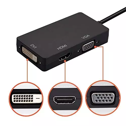 PremiumAV 3-in-1 Mini Display Port (Thunderbolt) to HDMI + VGA + DVI Adapter for MacBook Pro, Laptop, PC, Monitor, Projector Black
