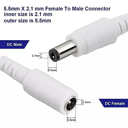 FEDUS Male & Female DC Power Barrel Jack Plug Connector ‎5 Amp White 2.1 mm / 5.5 mm (Pack of 10 Pairs)