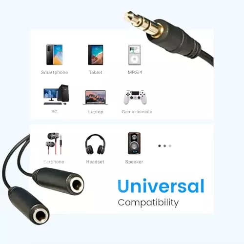PremiumAV 3.5 mm Audio Jack Splitter Cable Adapter Stereo Male to Dual Female Headphone & Mic Y Splitter AUX Extension Cord for Mobile, Laptop, PC, Tablet